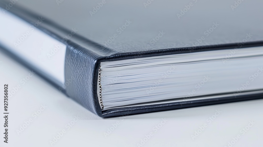 Thick leather-bound book with a blank label on a white desk, symbolizing knowledge and information for educational or office settings Thick leather-bound book with a blank label on a white desk, symbolizing knowledge and information for educational or office settings