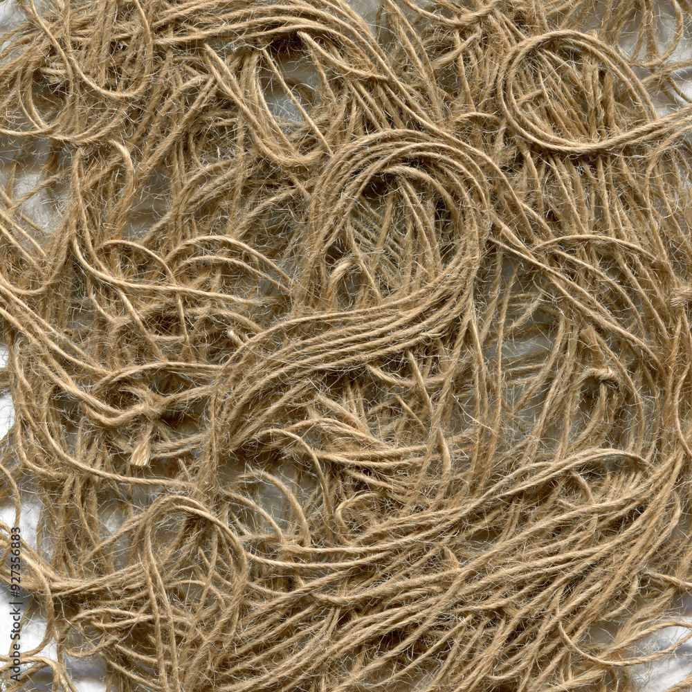 Natural jute fibers intertwined on a flat surface, showcasing their texture and organic characteristics in natural light Natural jute fibers intertwined on a flat surface, showcasing their texture and organic characteristics in natural light