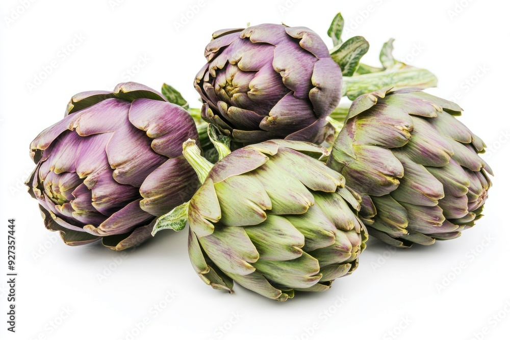 Fototapeta premium Artfully arranged fresh artichokes on a white background