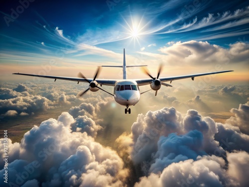 Majestic twin-engine turboprop aircraft descends through fluffy white clouds, its wings tilted, preparing to land on a serene and sunny day with a soft blue horizon. photo