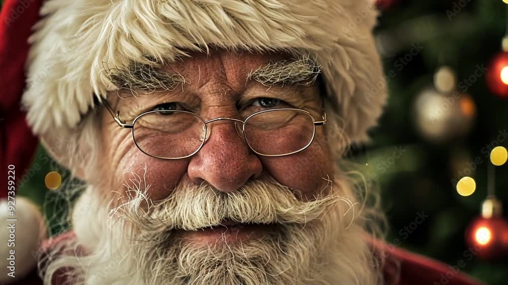Portrait Santa Claus. Portrait of happy funny Santa Claus in glasses, sitting in his rocking chair near the Christmas tree and decorated fireplace. Concept of Christmas, holidays and celebrations Portrait Santa Claus. Portrait of happy funny Santa Claus in glasses, sitting in his rocking chair near the Christmas tree and decorated fireplace. Concept of Christmas, holidays and celebrations