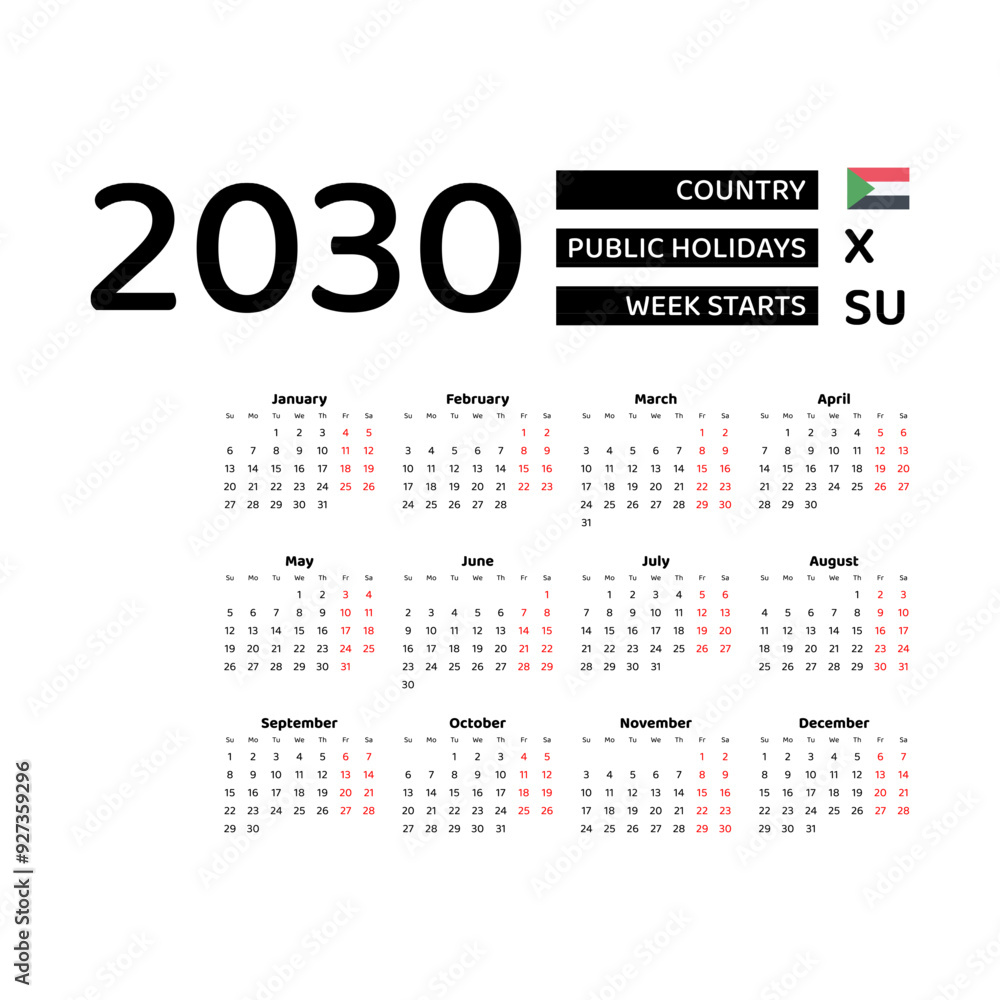 Calendar 2030 English language with Sudan public holidays. Week starts from Sunday. Graphic design vector illustration. Calendar 2030 English language with Sudan public holidays. Week starts from Sunday. Graphic design vector illustration.