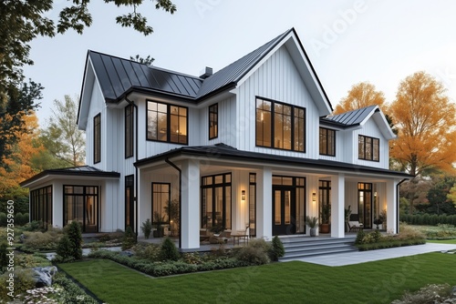 A modern farmhouse style exterior with white vertical boards and a black roof