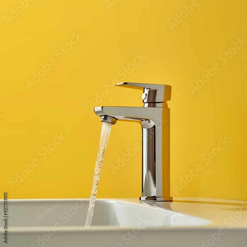 Modern chrome faucet with water flowing into a white sink against a bright yellow wall. photo