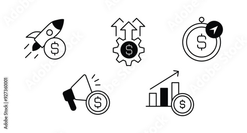 An icon set depicting the pillars of financial growth and business success, emphasizing the importance of investments, marketing strategies, and profitability in strategic financial management.