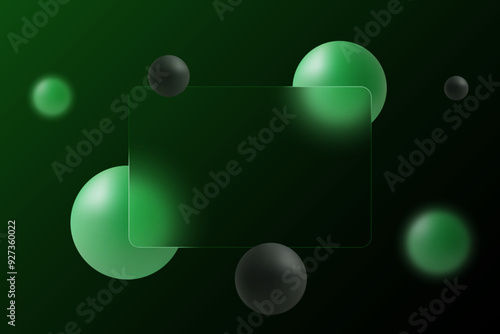 Dark green background with levitation sphere and transparent partition, background in glass morphism style.