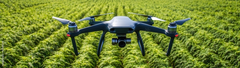 Drone flying over a lush green field, capturing agricultural data for precision farming and enhanced crop monitoring. Drone flying over a lush green field, capturing agricultural data for precision farming and enhanced crop monitoring.