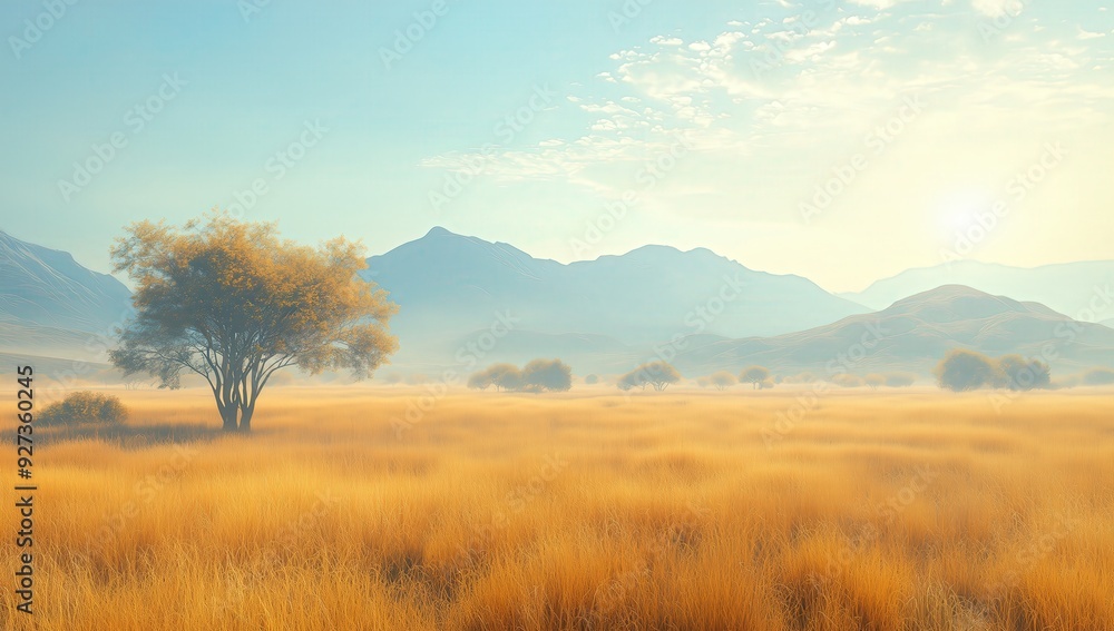 A vast African savannah under the sun, with acacia trees and mountains in the background A vast African savannah under the sun, with acacia trees and mountains in the background