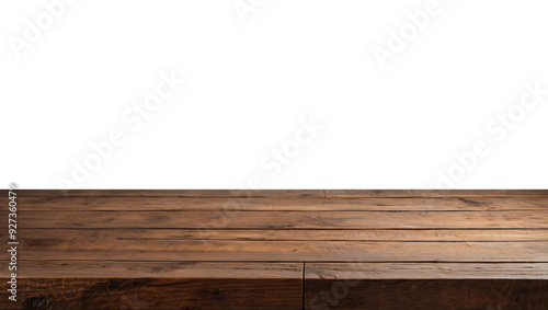 Empty wooden table top in warm brown tones, perfect for showcasing products or creating a rustic display,transparent background png file.