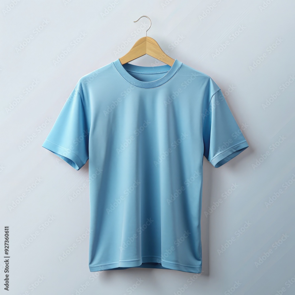 Sky blue oversized cotton t-shirt on a wooden hanger against a light backdrop Sky blue oversized cotton t-shirt on a wooden hanger against a light backdrop