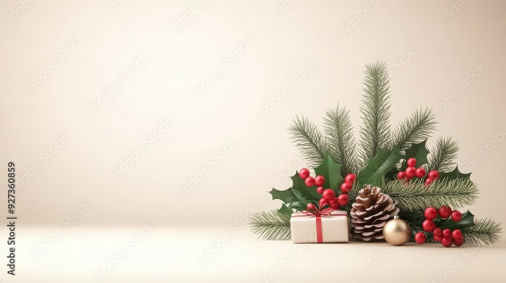 A beautiful Christmas arrangement featuring pine branches, berries, a gift box, and a pinecone, perfect for holiday decorations. A beautiful Christmas arrangement featuring pine branches, berries, a gift box, and a pinecone, perfect for holiday decorations.
