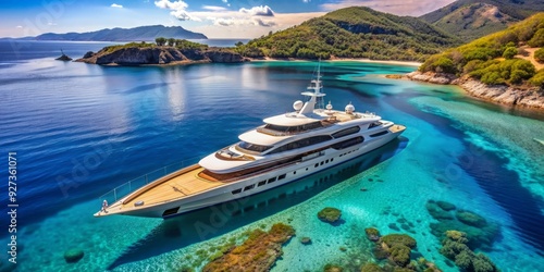Breathtaking aerial view of a sleek, modern mega yacht with a luxurious wooden deck anchored in the crystal-clear, deep blue waters of the Aegean Sea.