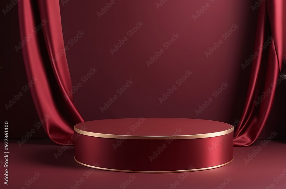 Luxurious crimson satin-covered podium with smooth folds, placed on a deep red background with soft, warm lighting for high-end makeup or fragrance products. Made with generative AI technology Luxurious crimson satin-covered podium with smooth folds, placed on a deep red background with soft, warm lighting for high-end makeup or fragrance products. Made with generative AI technology