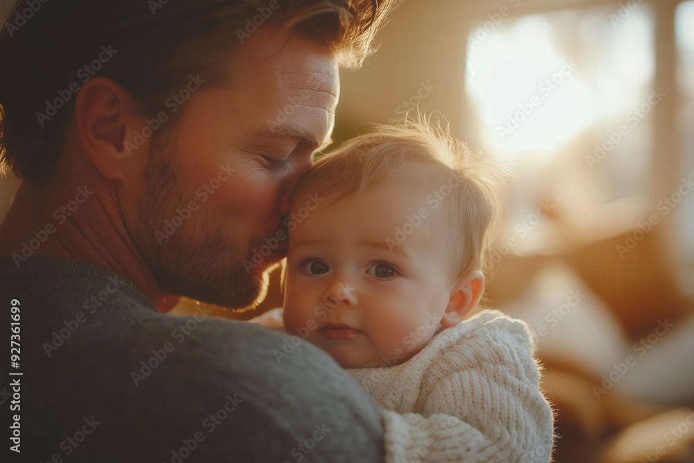 Close-up of a happy father holding his baby son and kissing him on the forehead Close-up of a happy father holding his baby son and kissing him on the forehead