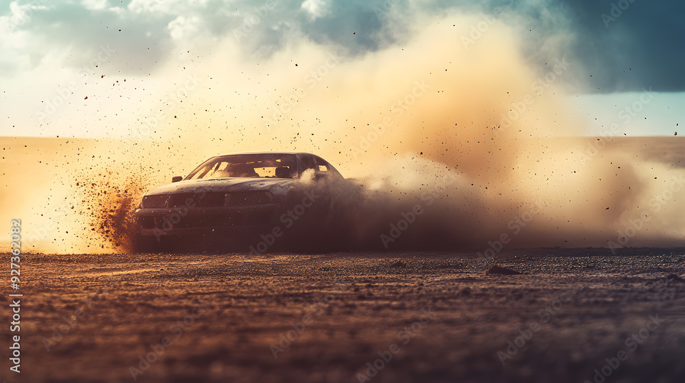 A car captured mid-drift on a wide, open plain, with dust and dirt flying in all directions.
A car captured mid-drift on a wide, open plain, with dust and dirt flying in all directions.