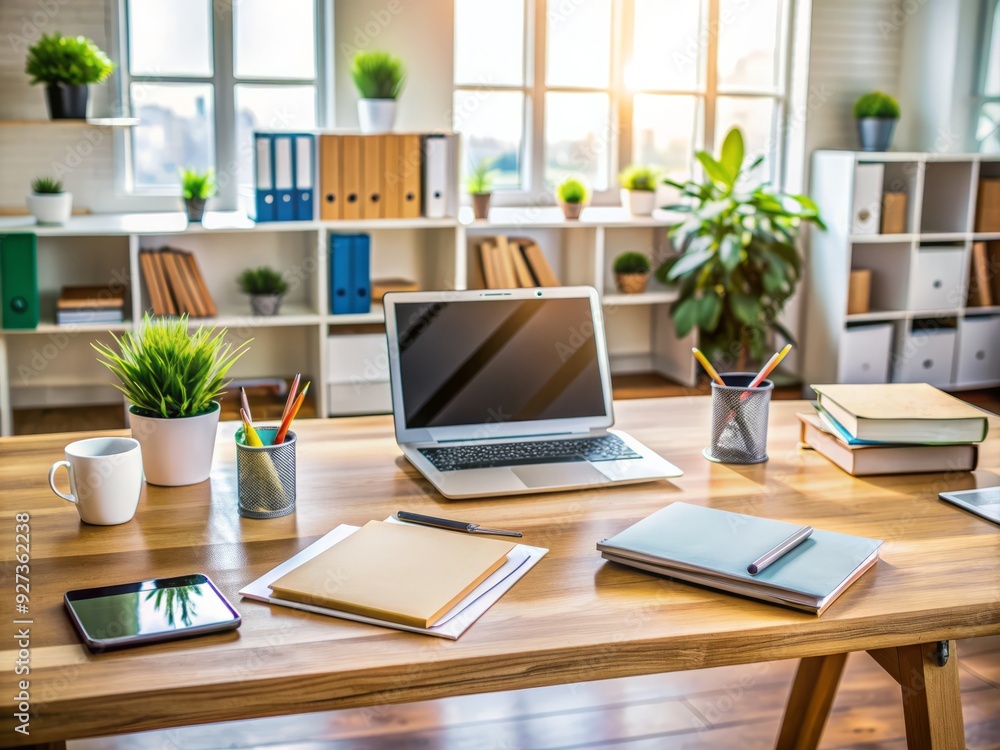 Organized office workspace with a laptop, tablet, and smartphone alongside papers, files, and stationery on a wooden desk, surrounded by a calm and focused atmosphere. Organized office workspace with a laptop, tablet, and smartphone alongside papers, files, and stationery on a wooden desk, surrounded by a calm and focused atmosphere.