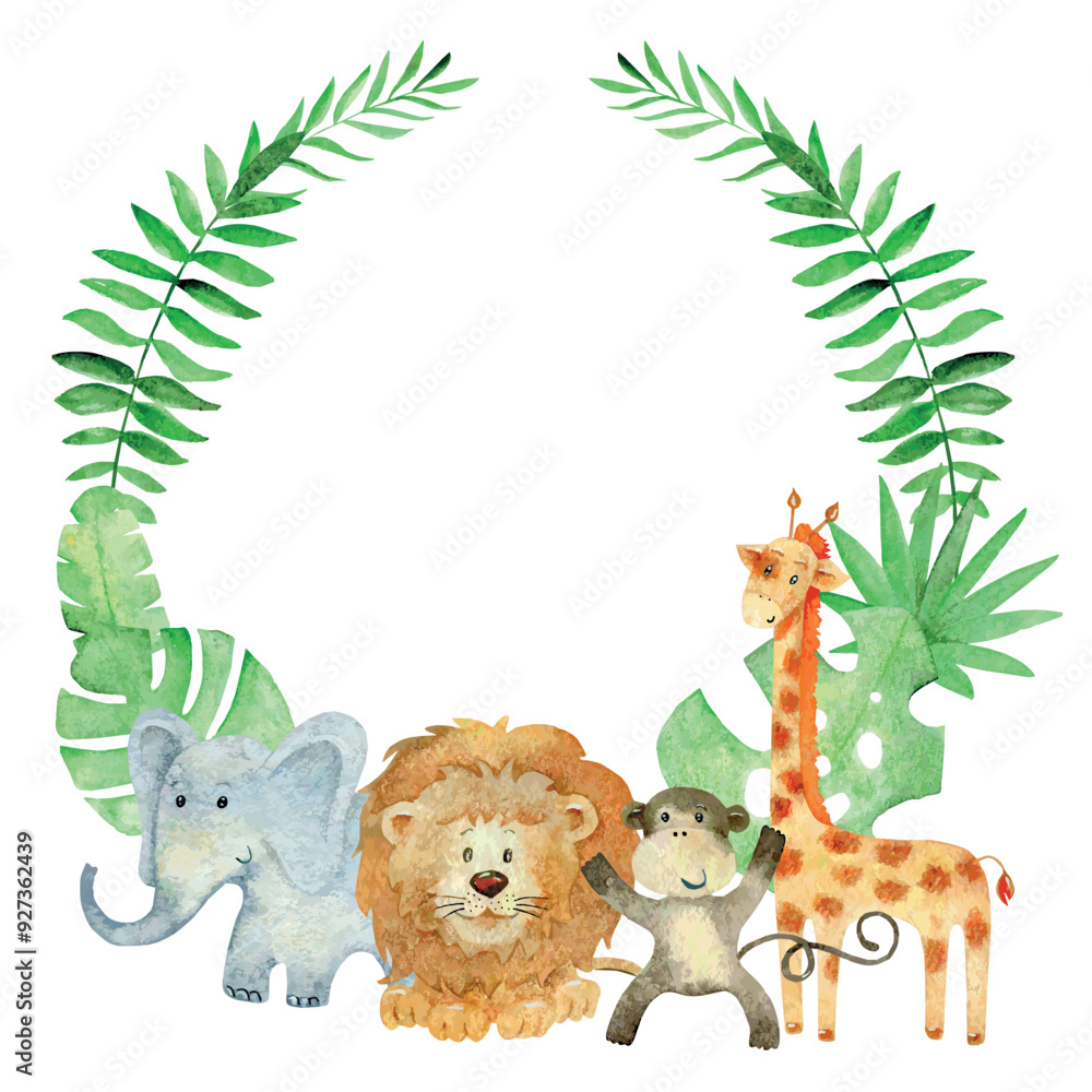 Obraz premium Baby shower card. Vector Watercolor safari card with animals.