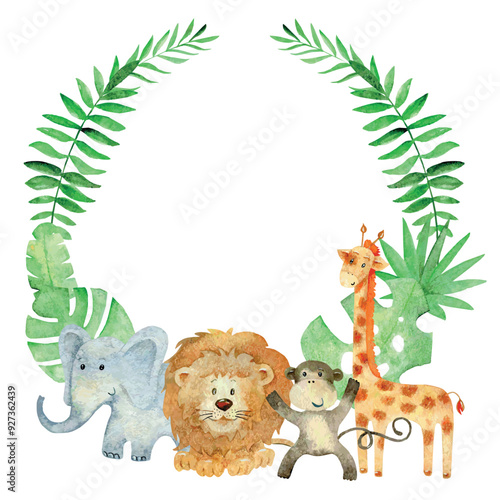 Photography Baby shower card. Vector Watercolor safari card with animals.