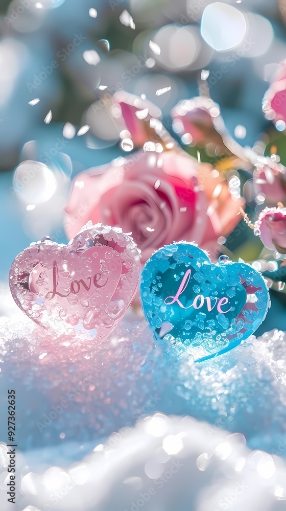 Fototapeta premium Digital winter snow heart shaped gem poster background 