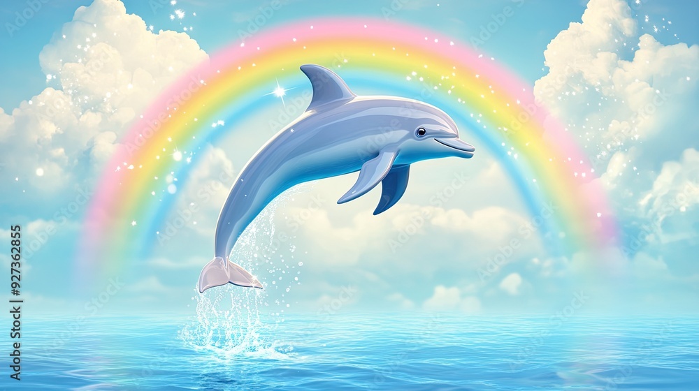 A cartoon dolphin performing a flip out of the water, with a rainbow and happy clouds in the background. A cartoon dolphin performing a flip out of the water, with a rainbow and happy clouds in the background.