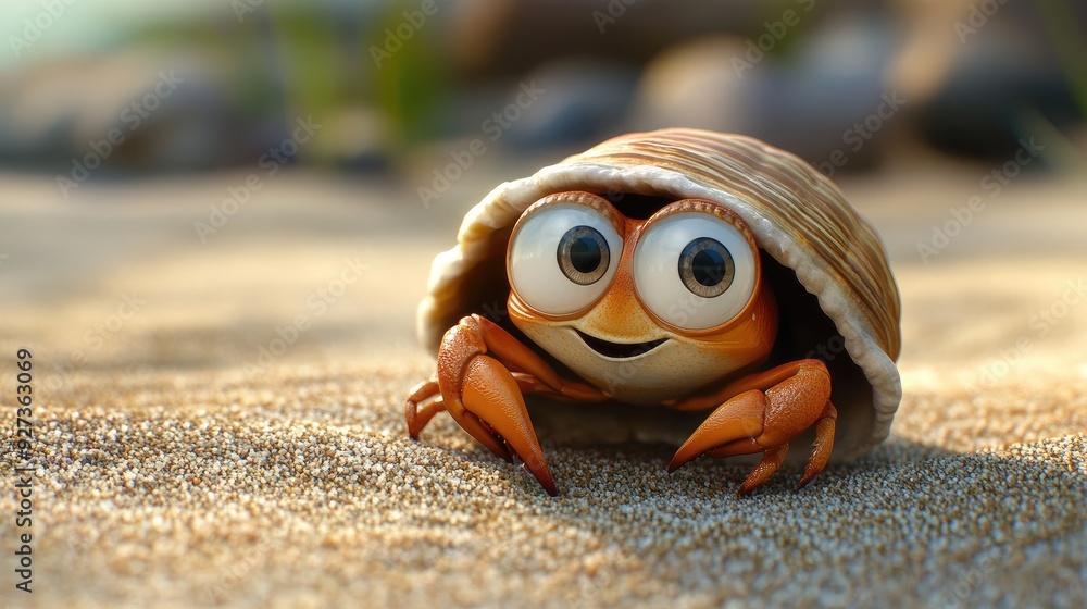 Fototapeta premium A cartoon hermit crab peeking out from its shell, with big eyes and a friendly smile, set against a sandy beach.