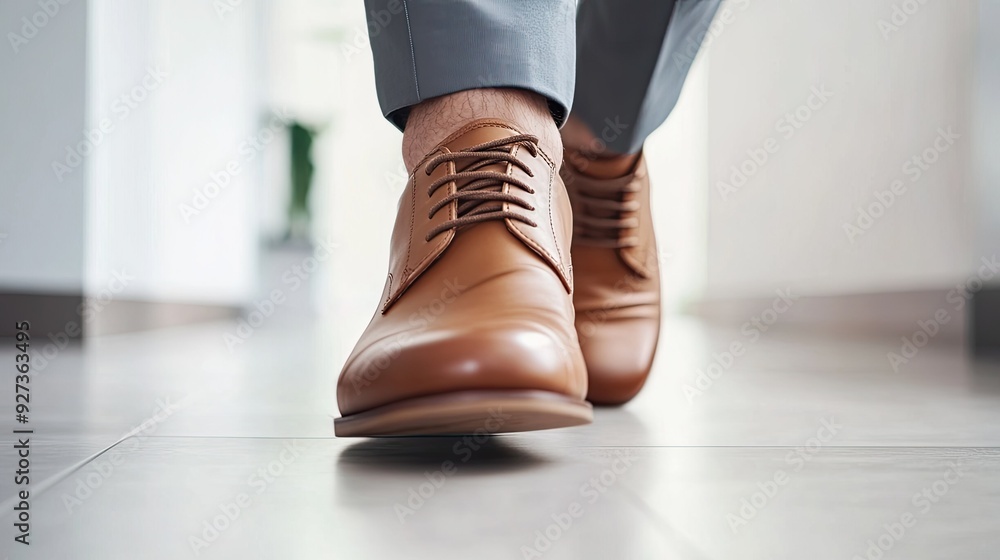 Businessman's feet in formal shoes mid-step, with a clean, neutral background and plenty of space for copy. Businessman's feet in formal shoes mid-step, with a clean, neutral background and plenty of space for copy.