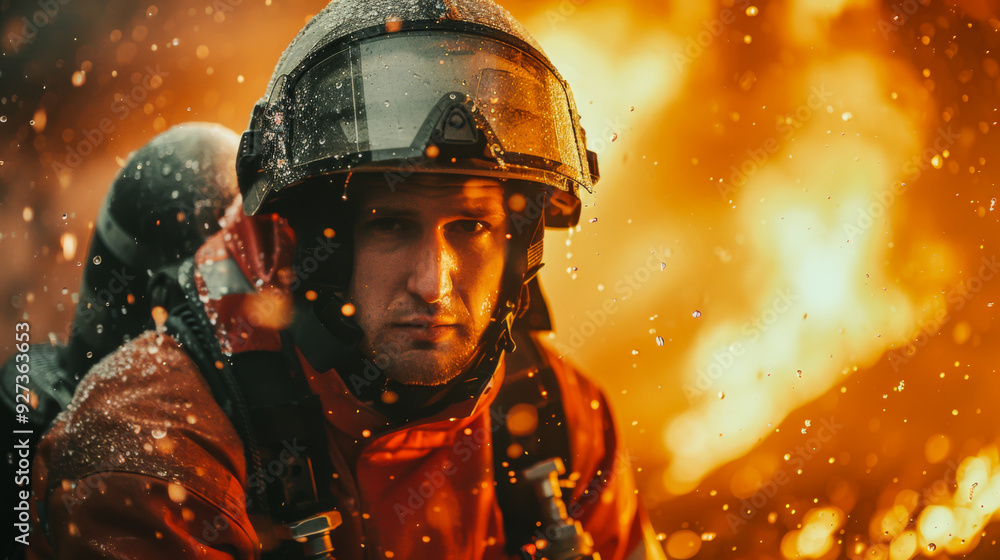 Portrait of a young fire rescuer in a special uniform against a background of bright flames. Firefighters arrived to respond to an emergency. Rescuer, fire concept. Portrait of a young fire rescuer in a special uniform against a background of bright flames. Firefighters arrived to respond to an emergency. Rescuer, fire concept.