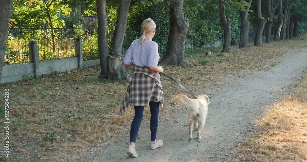 Back view: A middle-aged woman jogs in the park with her Golden Retriever. Back view: A middle-aged woman jogs in the park with her Golden Retriever.