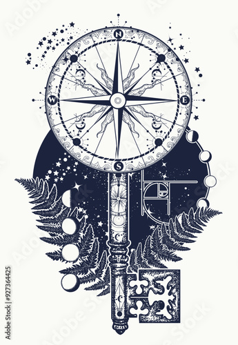 Compass, key and universe tattoo. Symbol of sacred knowledge, spiritual search, tourism, adventure and travel. Sacred geometry style