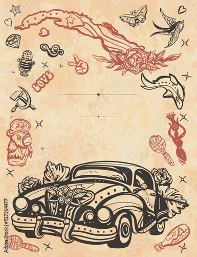 Cuba. Old paper vector. Cuban car. Cover page template. Vertical background. History and culture. Island of freedom concept