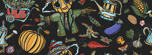 Garden elements seamless pattern. Harvest art. Scarecrow, watering can, garden cart, boots, shovel, secateurs