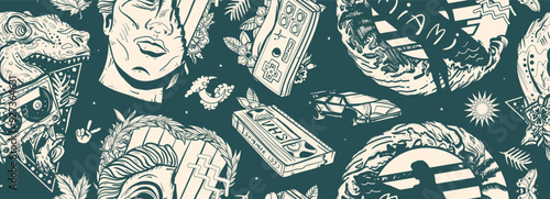 Retro nostalgic seamless pattern. VHS style. Video cassette,  statue head, surfing woman. Old music lifestyle. Vaporwave art pop culture