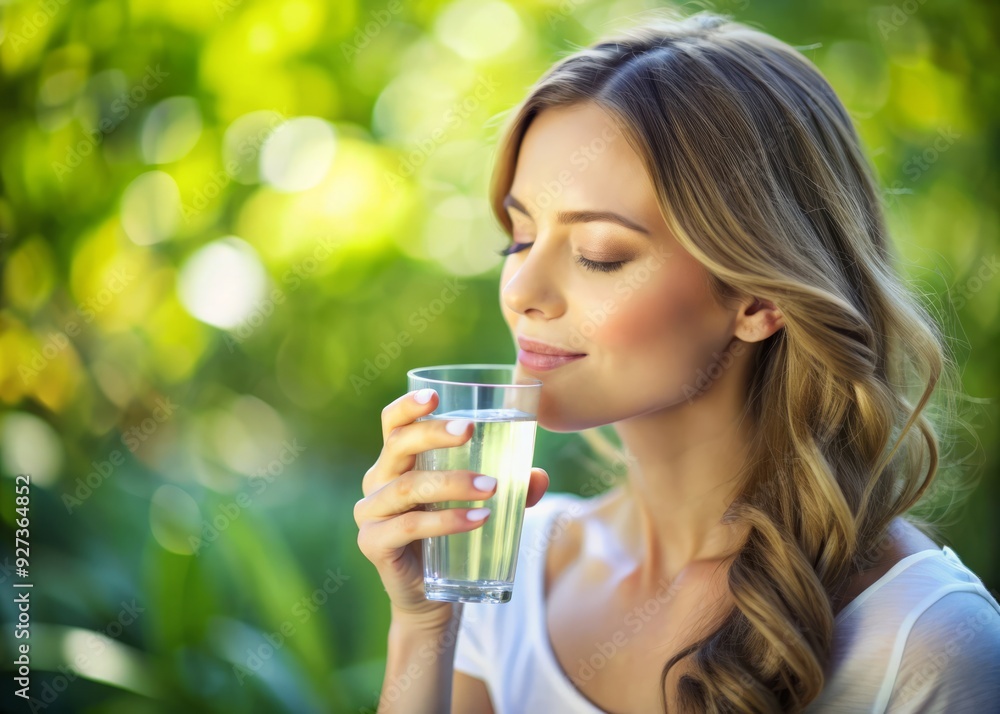 Serenely savoring a refreshing drink, a young woman closes her eyes, rehydrating with a glass of clear water, embracing a peaceful moment of healthy indulgence. Serenely savoring a refreshing drink, a young woman closes her eyes, rehydrating with a glass of clear water, embracing a peaceful moment of healthy indulgence.
