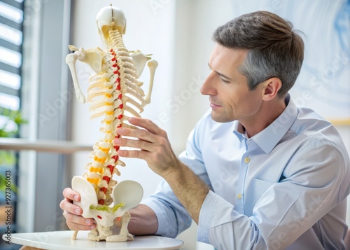 A focused professional examines a detailed human spine anatomy model, highlighting the cervical, thoracic, lumbar, sacral, and coccyx regions, to better understand back pain and spinal disorders.