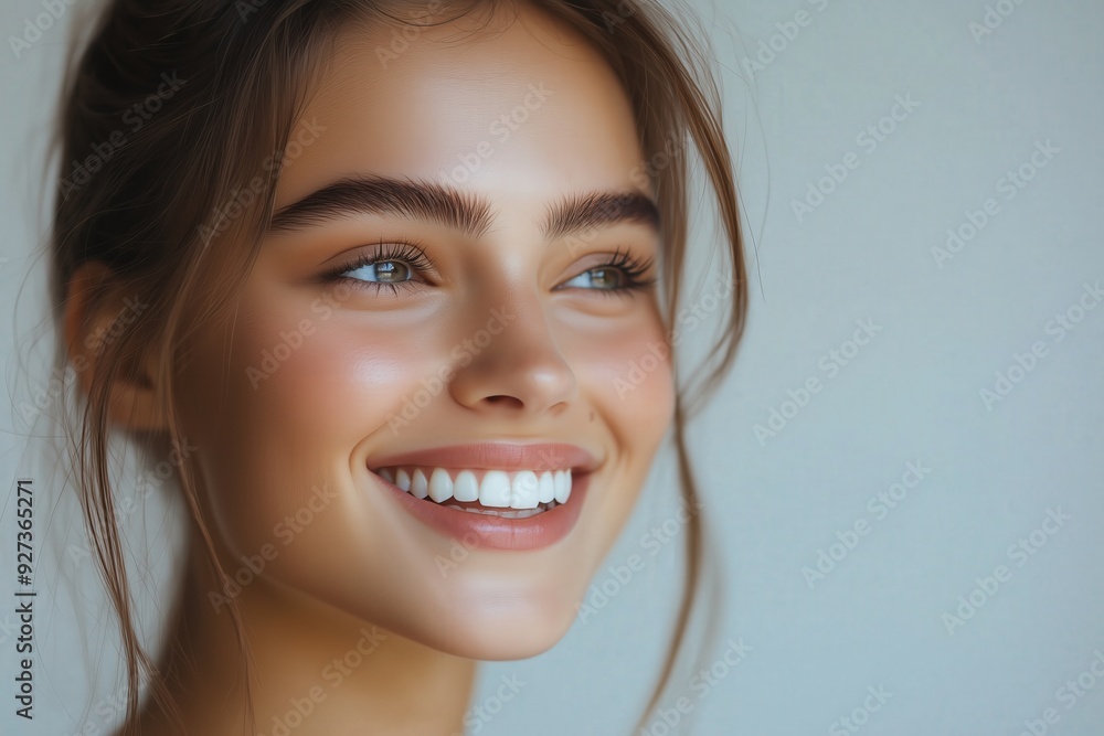 Portrait of a beautiful woman with a happy smile, white teeth, and clean, fresh skin on her face Portrait of a beautiful woman with a happy smile, white teeth, and clean, fresh skin on her face