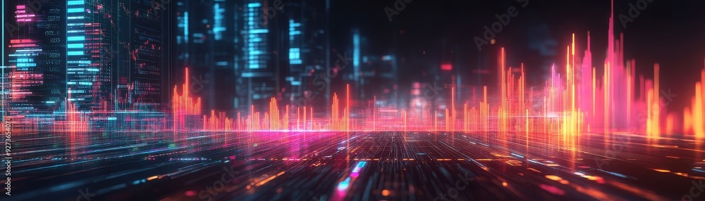 Futuristic Cityscape with Neon Lights and Digital Data Streams in a Cyberpunk Style Futuristic Cityscape with Neon Lights and Digital Data Streams in a Cyberpunk Style