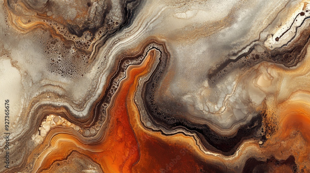 Warm earth tones blend in an abstract fluid art pattern, mimicking the textures of natural stone.