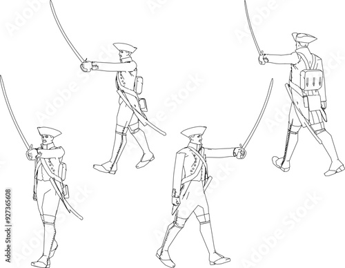 Vector sketch illustration design of soldier in royal era uniform walking with sword weapon