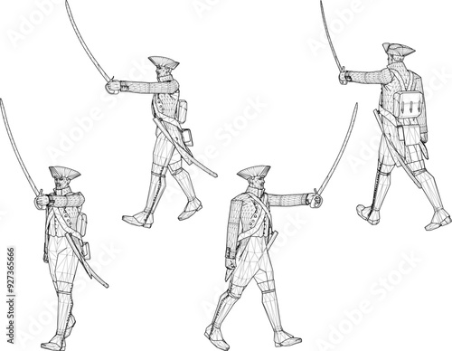 Vector sketch illustration design of soldier in royal era uniform walking with sword weapon