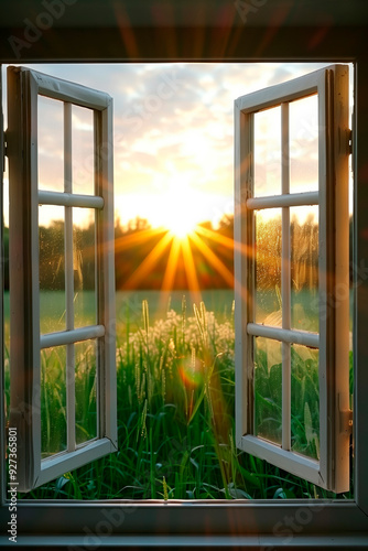 A radiant sunrise viewed through an open window symbolizing hope and spiritual awakening.