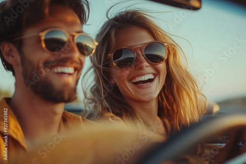 A young couple laughing and driving in the car, wearing sunglasses, enjoying their time together on vacation or travel
