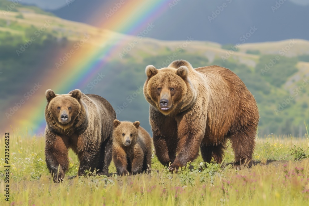 bear with cubs walking on the grass bear with cubs walking on the grass