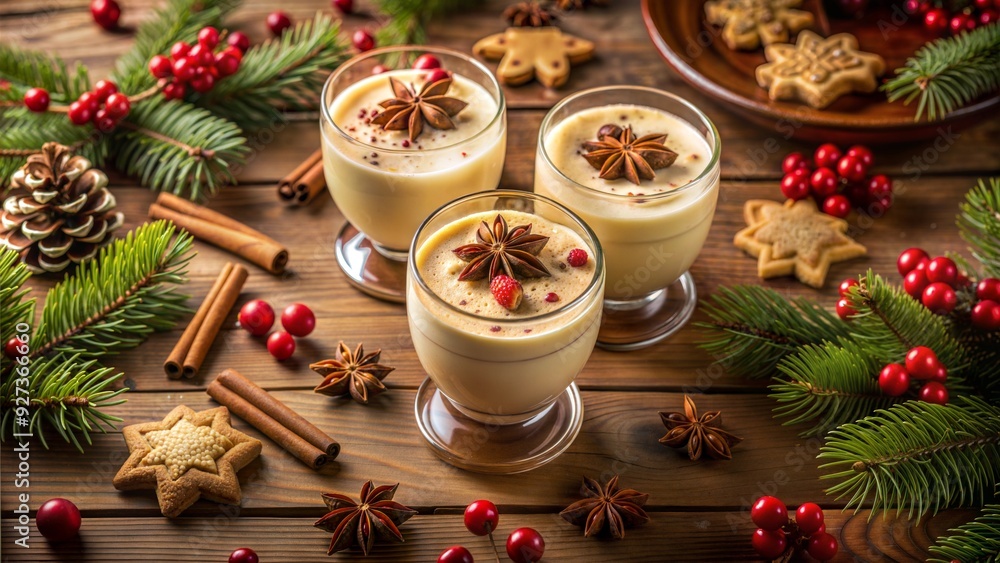 Photorealistic top-down view of eggnog glasses with whipped cream surrounded by Christmas cookies and red berries on vintage holiday table setting with warm indoor lighting Photorealistic top-down view of eggnog glasses with whipped cream surrounded by Christmas cookies and red berries on vintage holiday table setting with warm indoor lighting