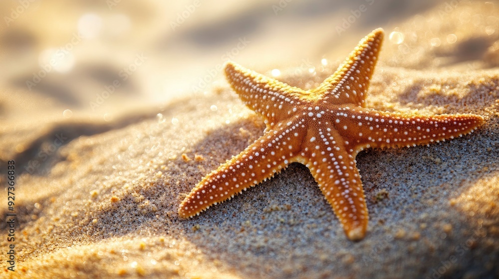 A close-up of a starfish resting on a sandy ocean floor, its vibrant orange color contrasting with the pale sand. A close-up of a starfish resting on a sandy ocean floor, its vibrant orange color contrasting with the pale sand.