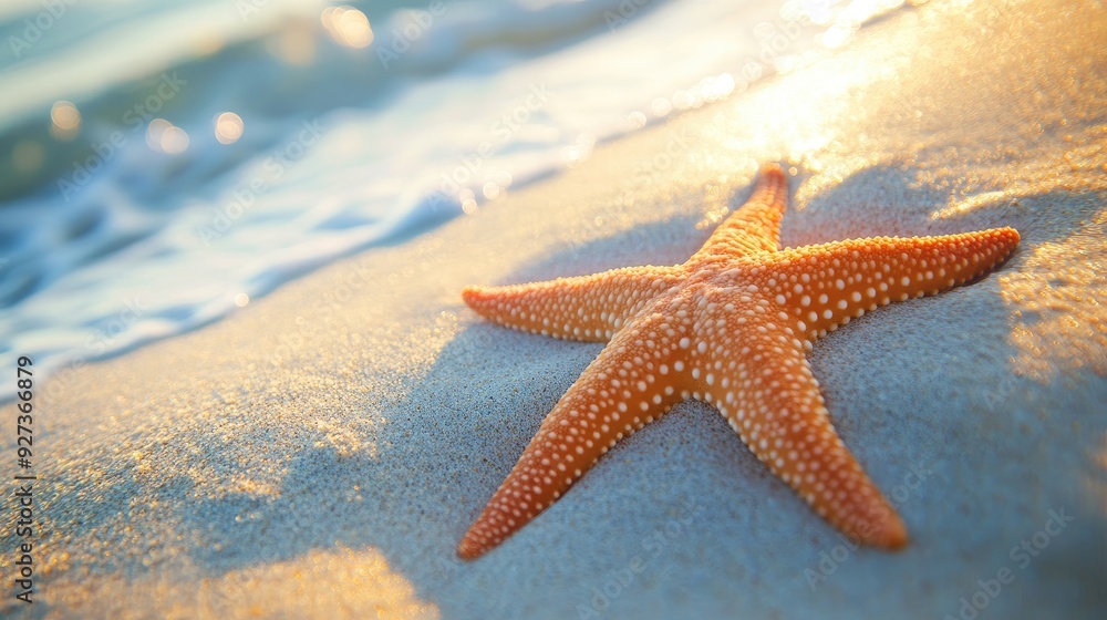 A close-up of a starfish resting on a sandy ocean floor, its vibrant orange color contrasting with the pale sand. A close-up of a starfish resting on a sandy ocean floor, its vibrant orange color contrasting with the pale sand.