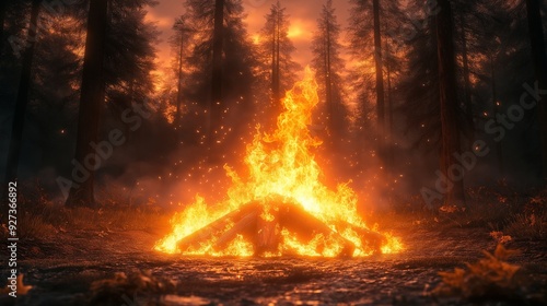 A Large Bonfire in a Dense Forest at Dusk, with Flames Dancing Against the Silhouette of Tall Trees, Creating a Mysterious and Dramatic Atmosphere