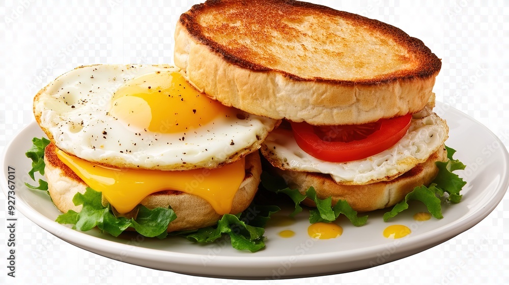 Delicious English Muffin Sandwich with a Plate of Eggs for a Satisfying Brunch. Delicious English Muffin Sandwich with a Plate of Eggs for a Satisfying Brunch.