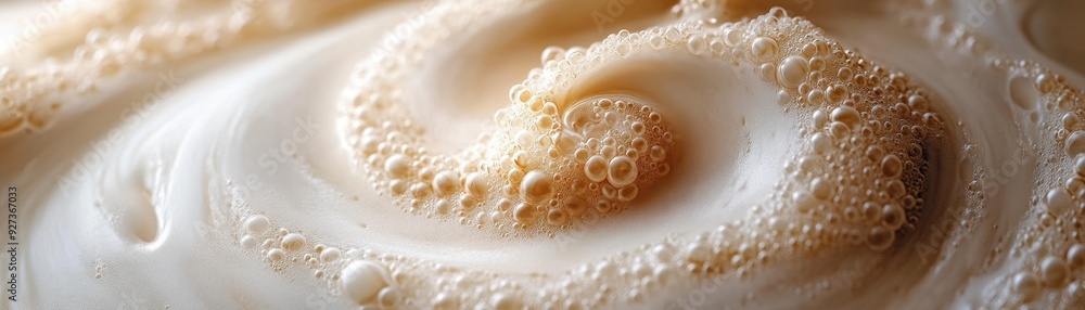 Close-up of Swirling Foam and Bubbles in Creamy Liquid Creating a Mesmerizing Abstract Pattern Close-up of Swirling Foam and Bubbles in Creamy Liquid Creating a Mesmerizing Abstract Pattern