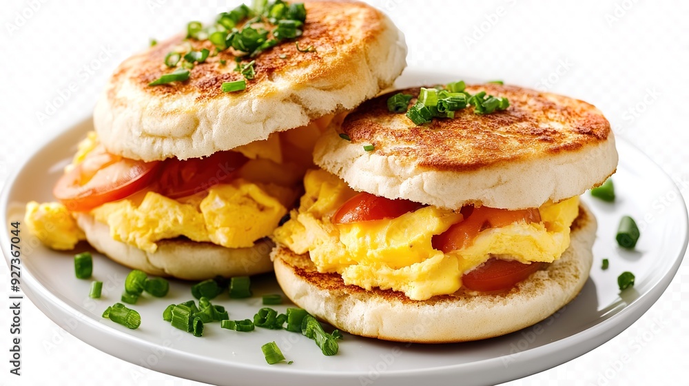 Delicious English Muffin Sandwich with a Plate of Eggs for a Satisfying Brunch. Delicious English Muffin Sandwich with a Plate of Eggs for a Satisfying Brunch.