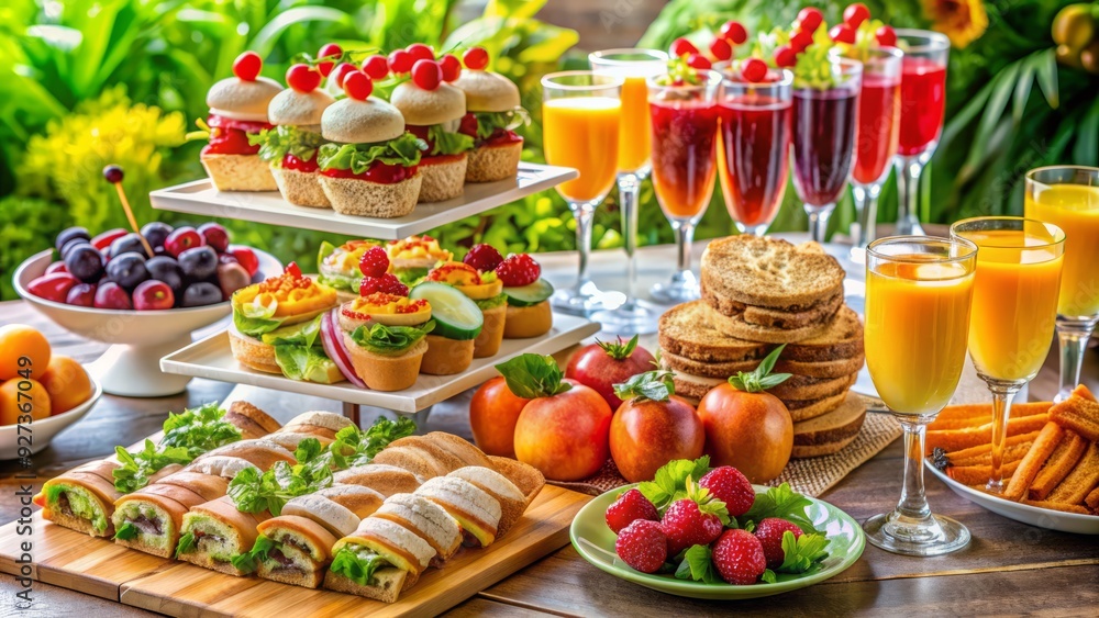 Vibrant catering spread showcases an assortment of delectable sandwiches, sweet pastries, and fresh seasonal fruits, artfully arranged with refreshing beverages in the background. Vibrant catering spread showcases an assortment of delectable sandwiches, sweet pastries, and fresh seasonal fruits, artfully arranged with refreshing beverages in the background.